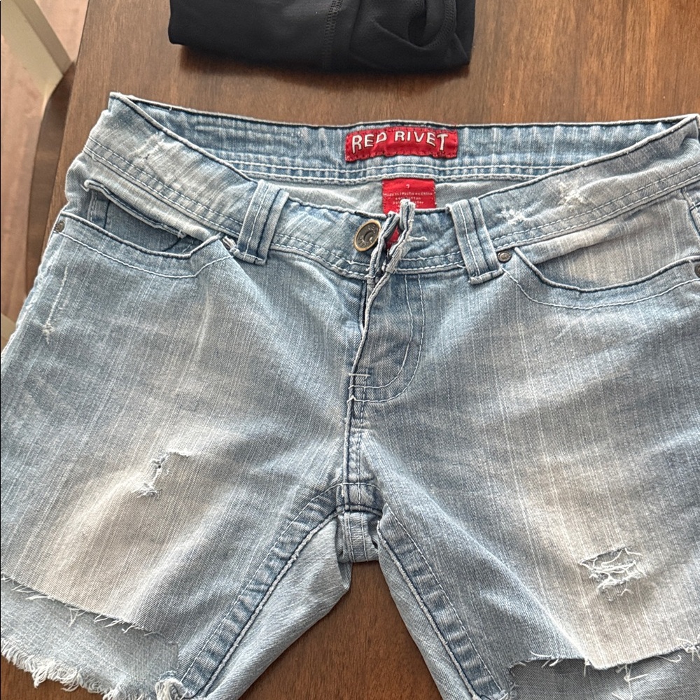 Red Rivet Light Blue Distressed Denim Shorts - Picture 2 of 3